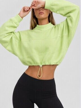Joah Brown Drawcord Crop Crew Cropped Cotton Sweatshirt Lime Green USA One Size